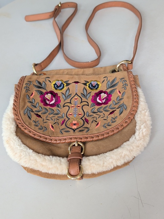 UGG Handbags - UGG Tan Suede Crossbody with Floral Embroidery Wool Trim Roomy Chic Lightweight